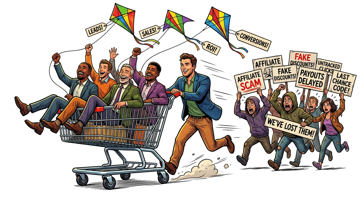 A PartnerDigger manager sprints forward pushing a cart of relaxed, laughing brand owners who fly campaign kites labelled Leads, Sales, ROI and Conversions, away from a panicked crowd of failing affiliate programs.
